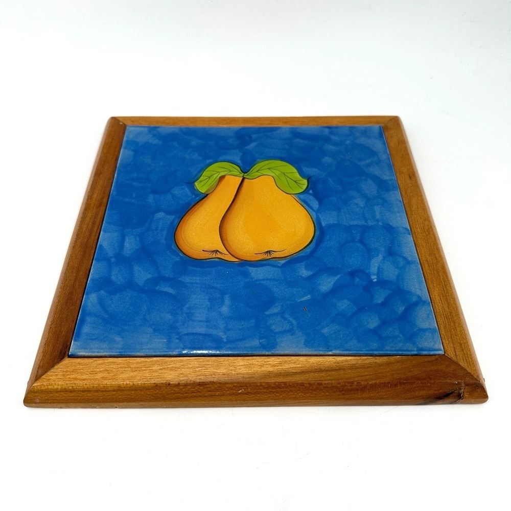 Vintage Pear Tile Trivet in Wood Frame - Handpainted Style Kitchen Fruit‎ Decor